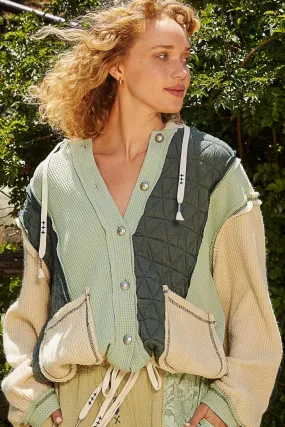 POL Mixed Fabric Hooded Button Down Shacket in Forest/Cream ON ORDER