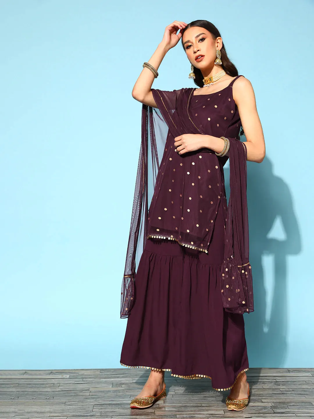 Poly Crepe Maroon Printed Kurta-Sharara Set with Net Dupatta