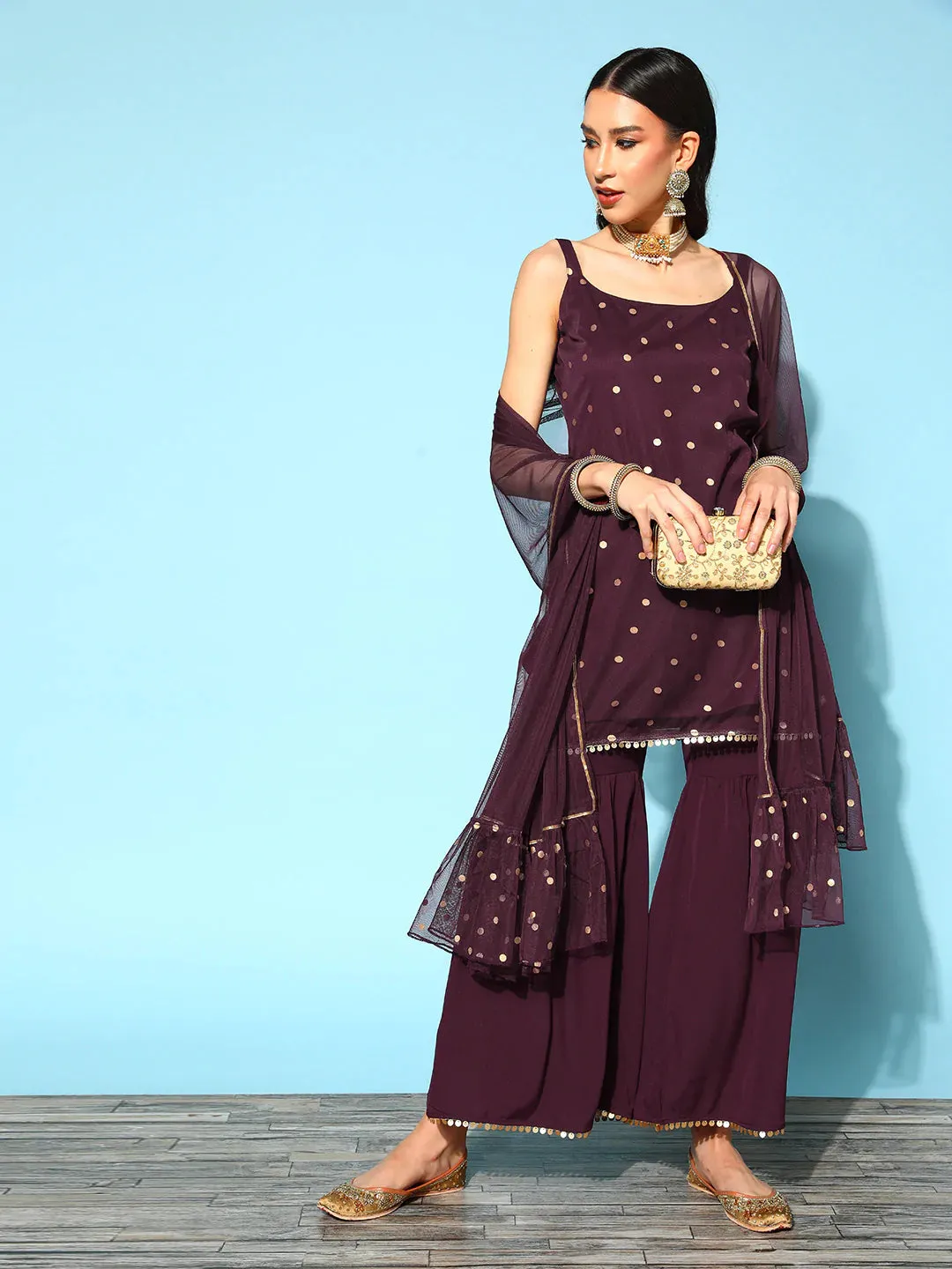 Poly Crepe Maroon Printed Kurta-Sharara Set with Net Dupatta