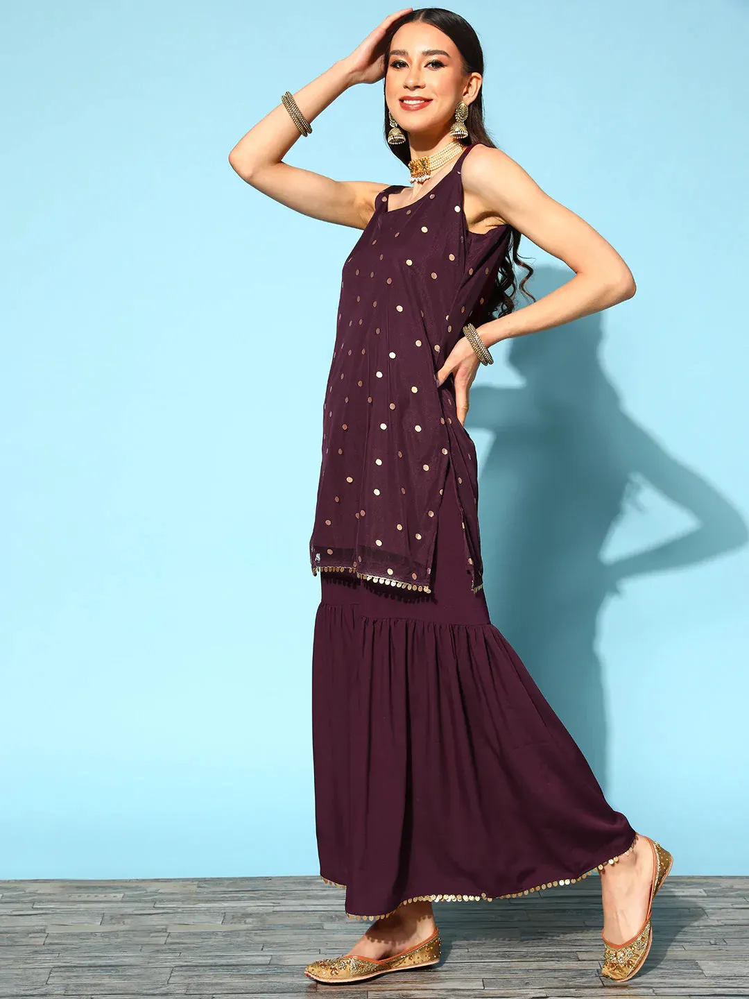 Poly Crepe Maroon Printed Kurta-Sharara Set with Net Dupatta