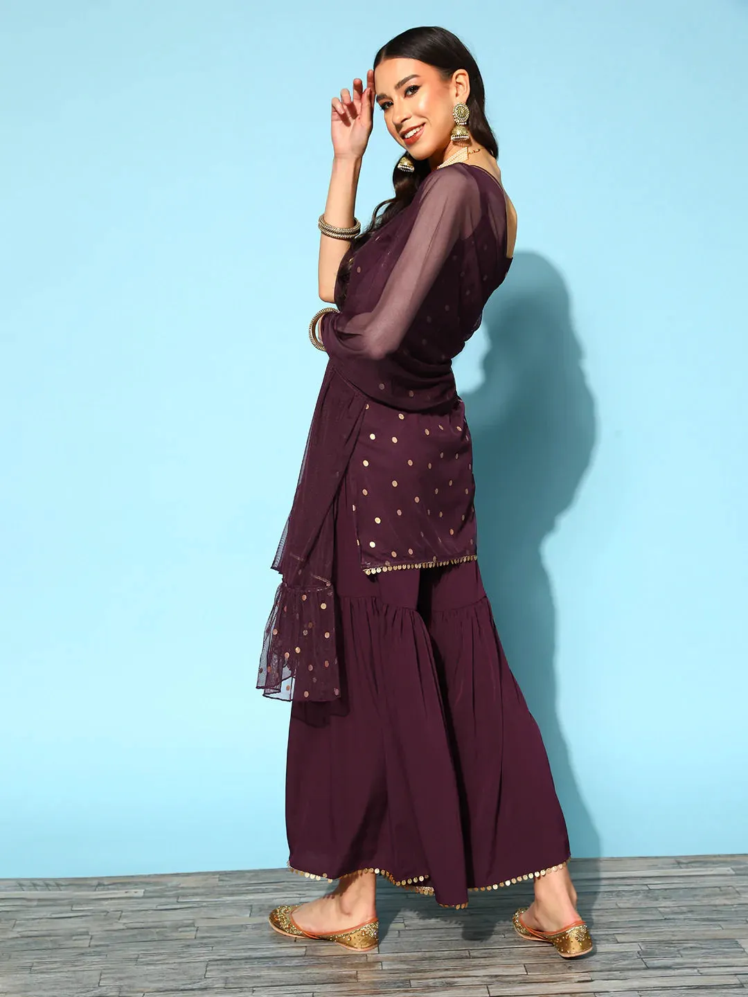 Poly Crepe Maroon Printed Kurta-Sharara Set with Net Dupatta