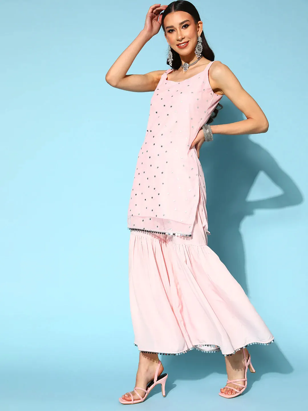 Poly Crepe Pink Printed Kurta-Sharara Set with Net Dupatta