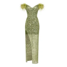 Pre Order:  Off Shoulder Feather Sequin Dress