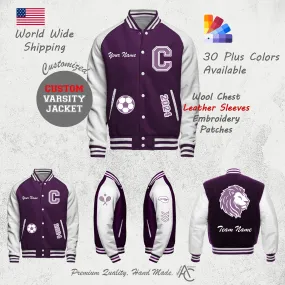 Premium Letter Custom Varsity Letterman Jackets For Men with Genuine Cowhide Leather Sleeves- Purple