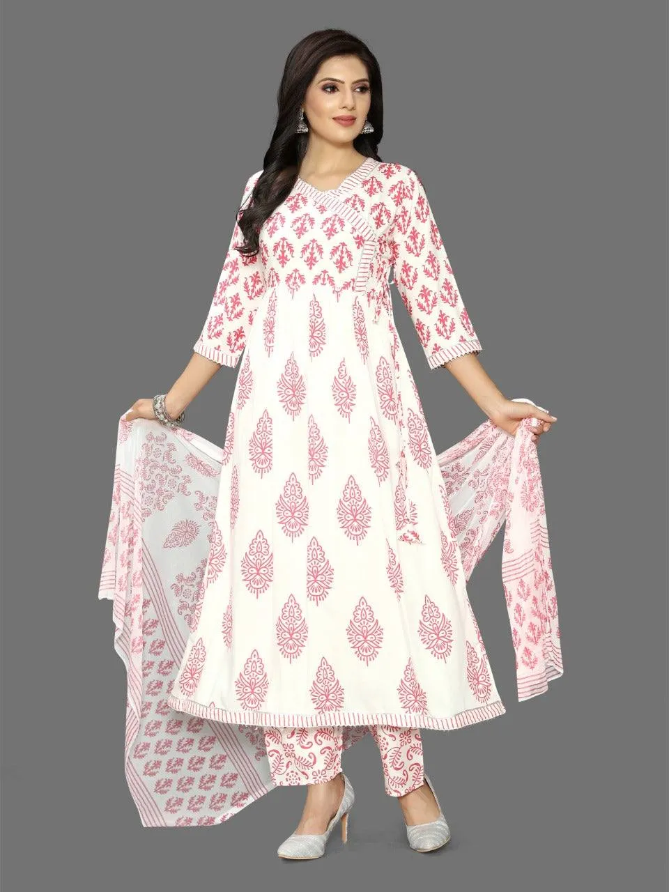 Printed A-Line Angrakha Style Kurta, Pant & Dupatta Set