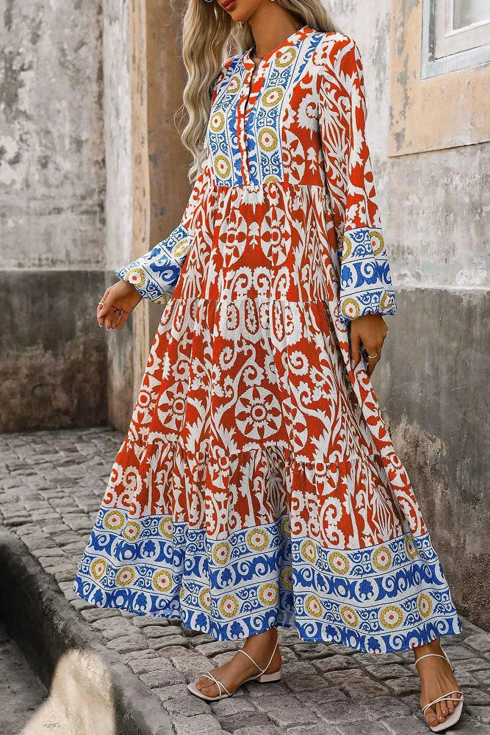 Printed Notched Long Sleeve Maxi Dress