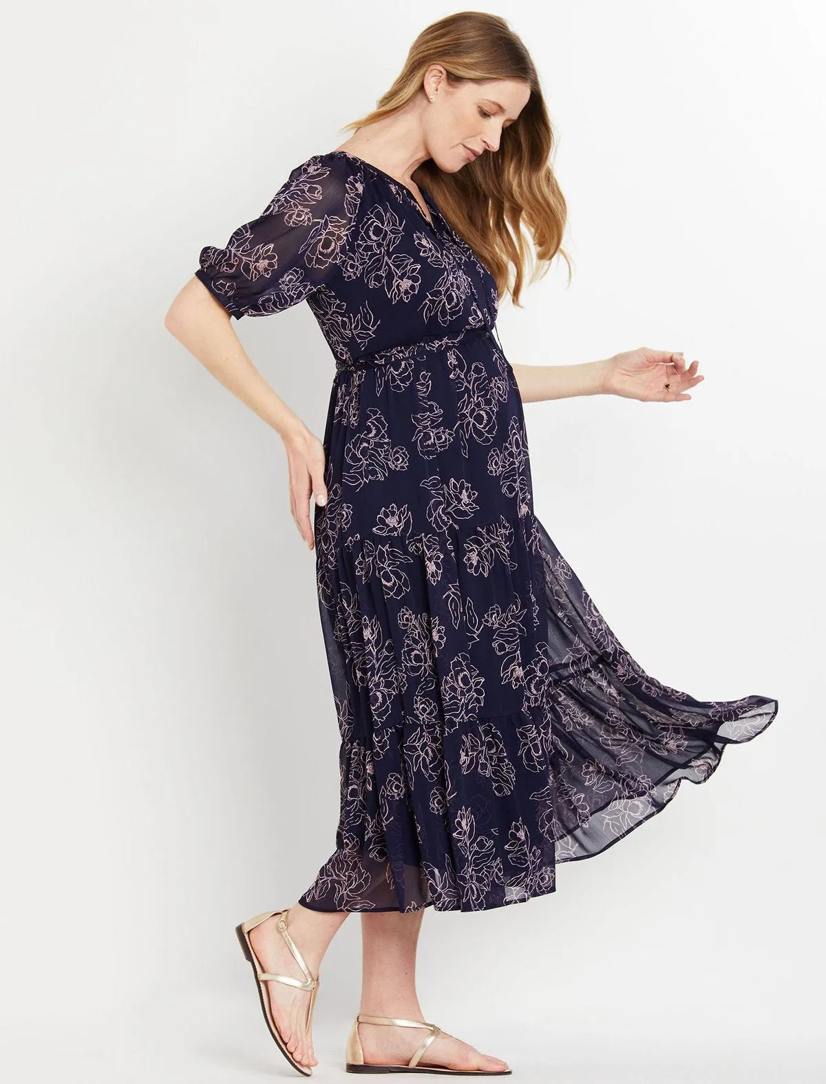 Puff Sleeve Maternity Dress in Navy