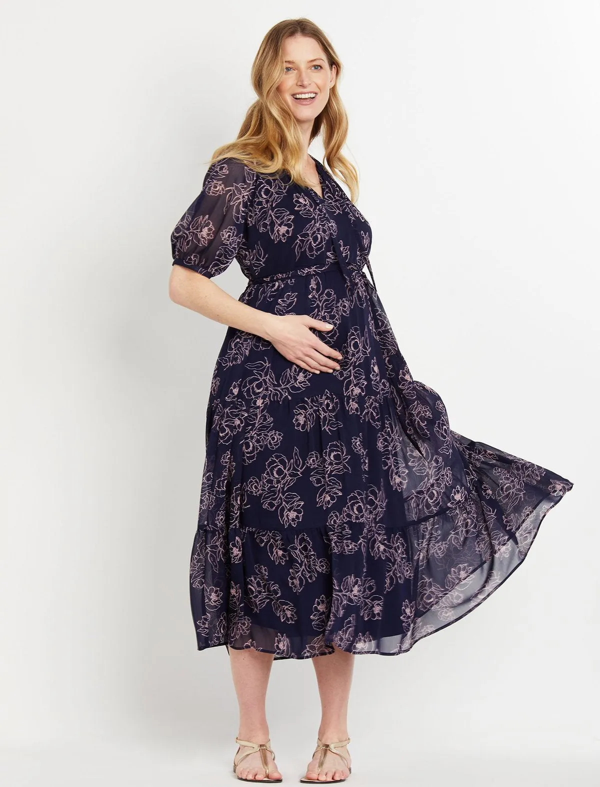 Puff Sleeve Maternity Dress in Navy