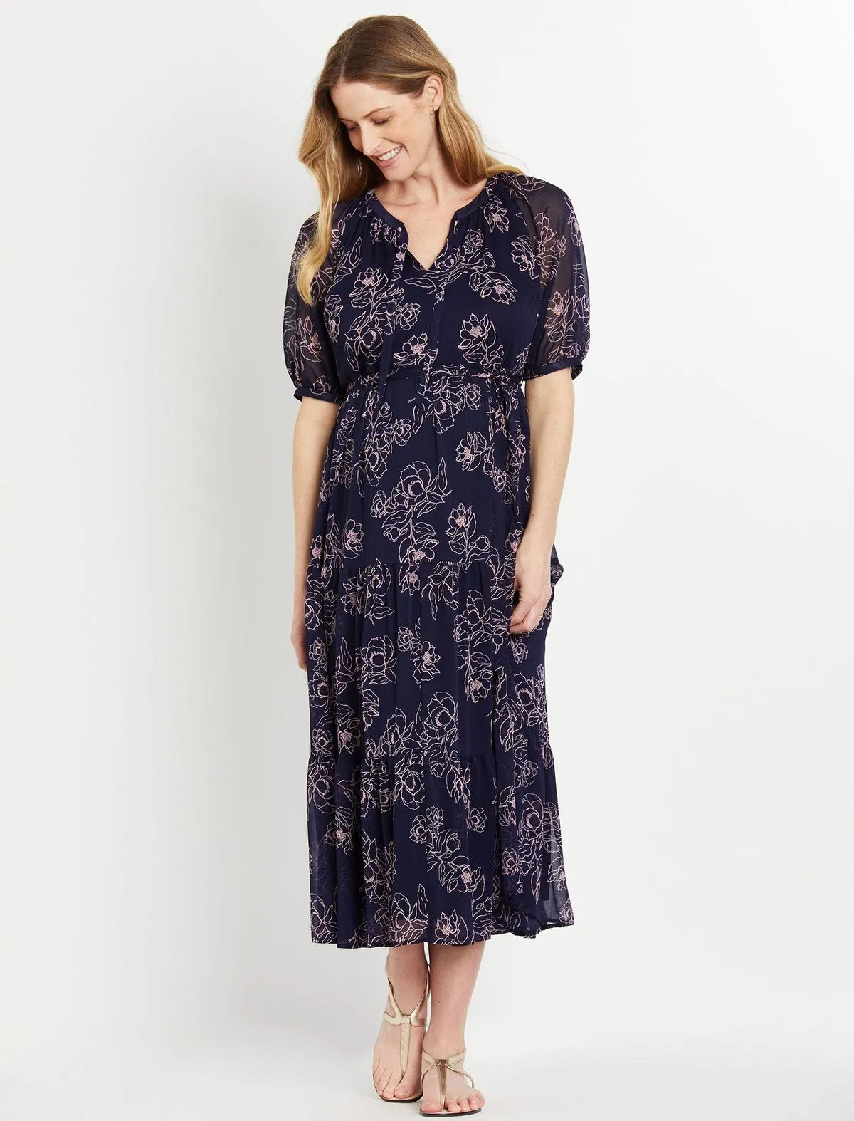 Puff Sleeve Maternity Dress in Navy