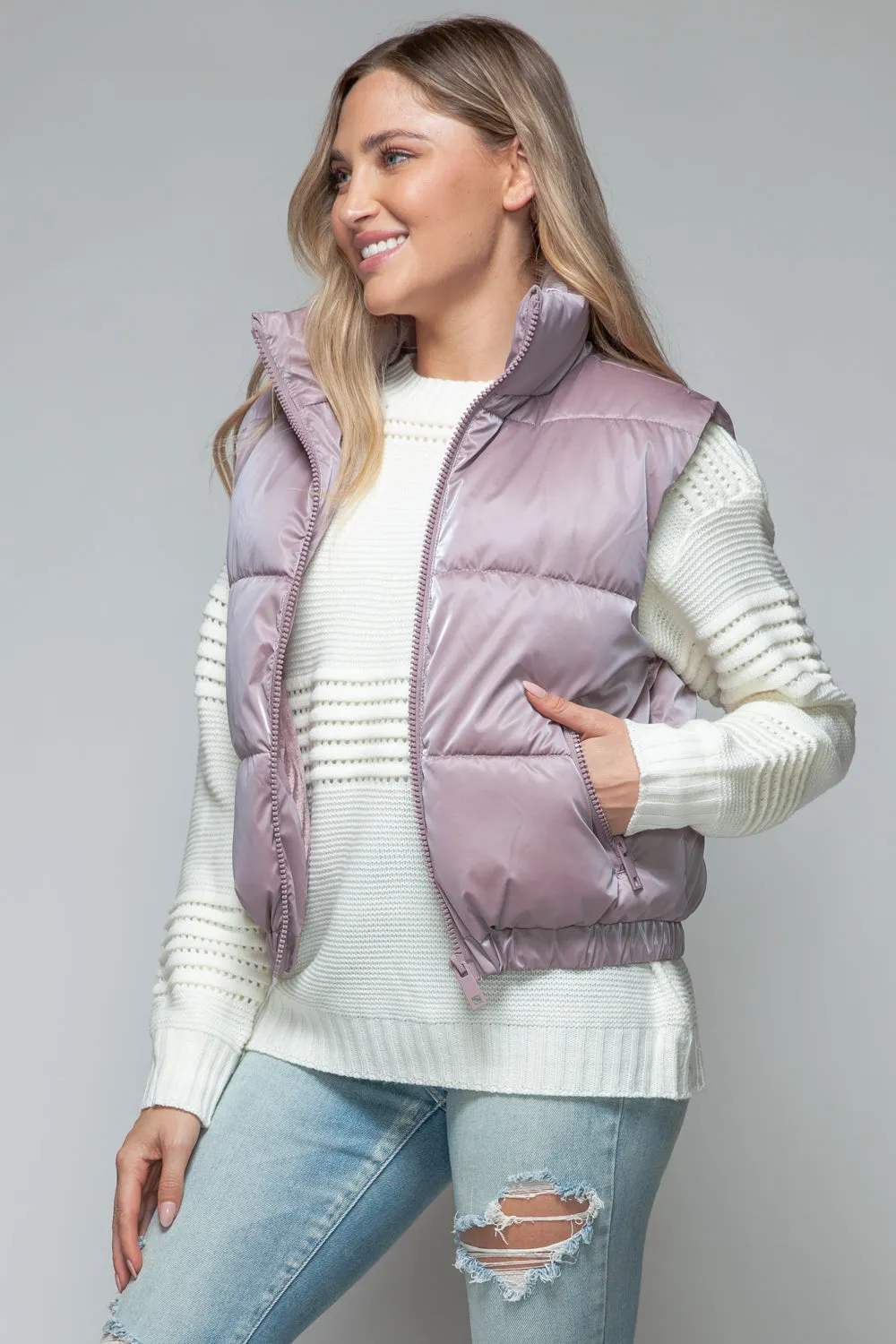 Puffy Jacket Sleeveless Women's Purple Fine Fur Lining Quilted Vest