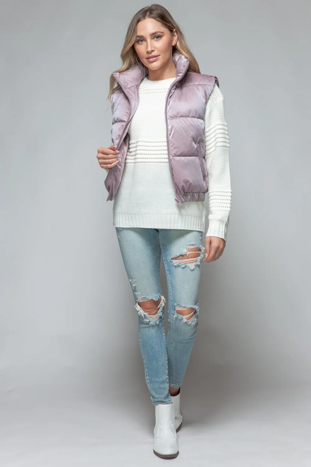 Puffy Jacket Sleeveless Women's Purple Fine Fur Lining Quilted Vest