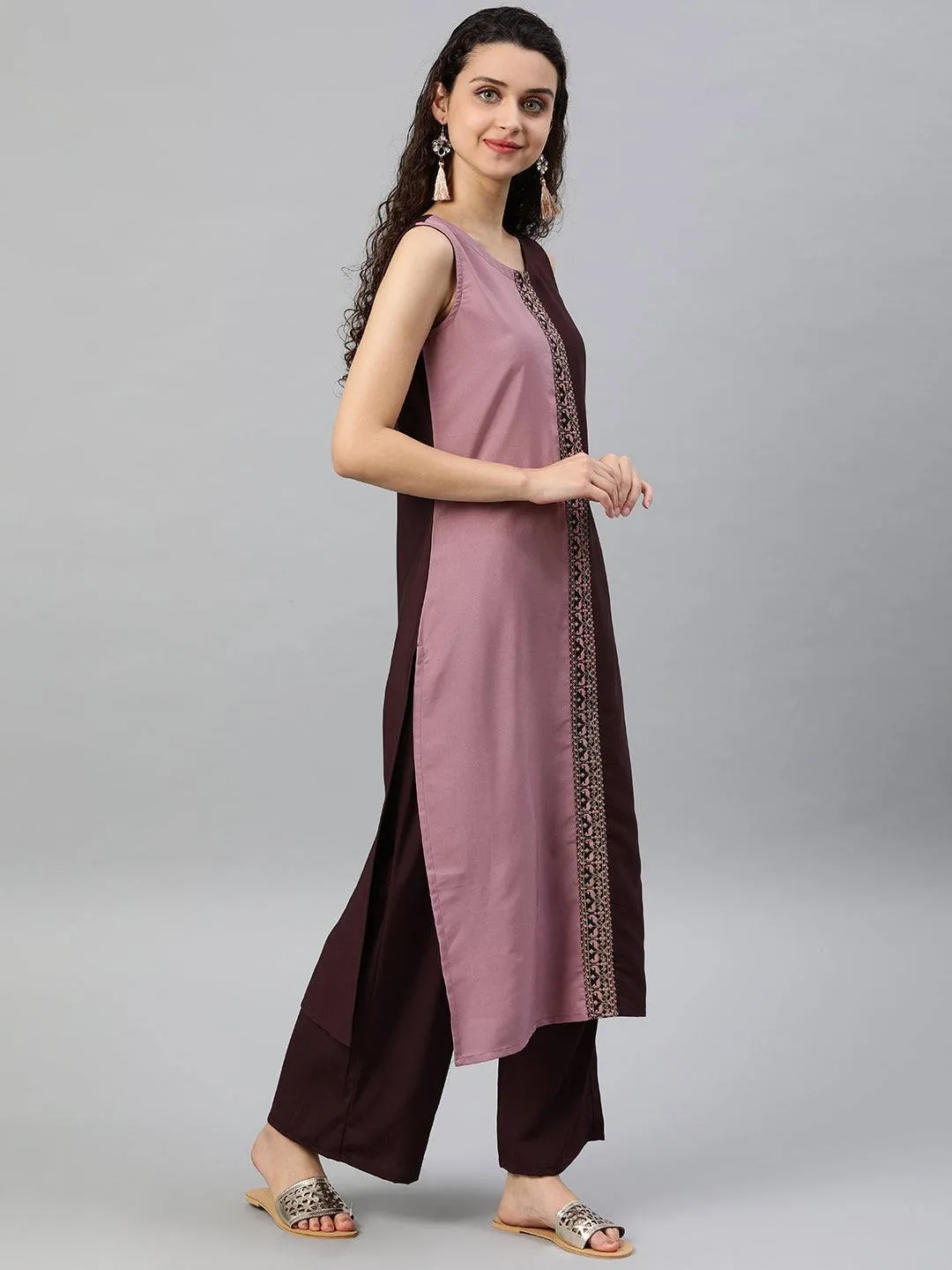 Purple-Brown Sleeveless Kurta Palazzo Set in Crepe