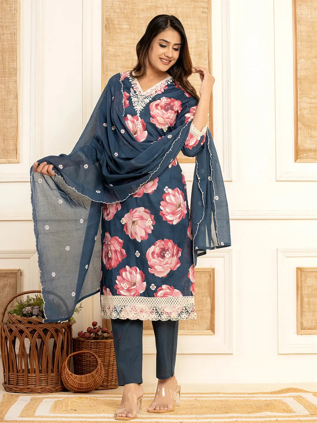 Purple Cotton Floral Print & Embroidered Straight Shape Suit Set with Voile Dupatta