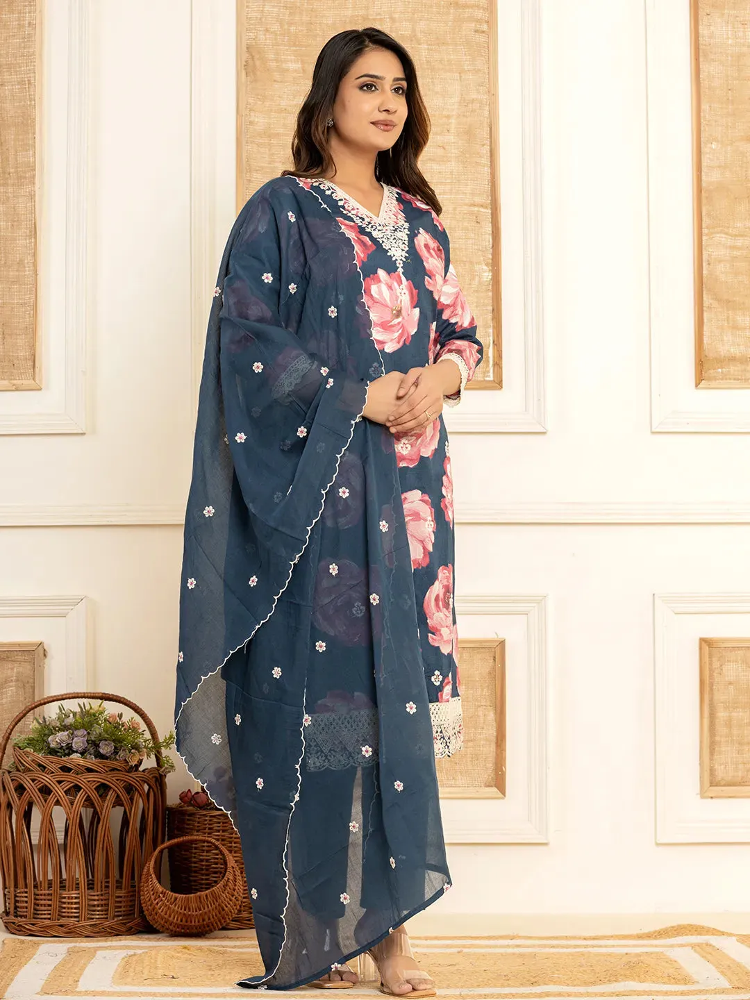 Purple Cotton Floral Print & Embroidered Straight Shape Suit Set with Voile Dupatta