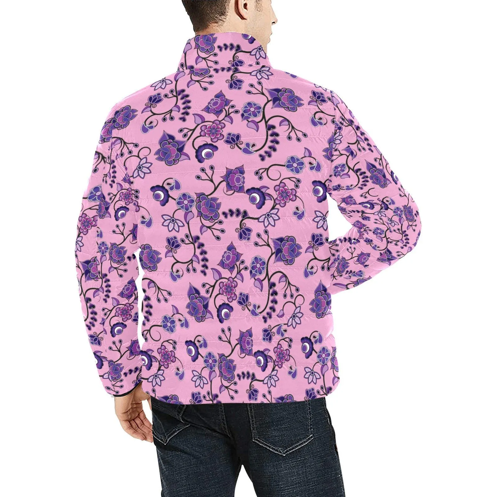 Purple Floral Amour Men's Stand Collar Padded Jacket