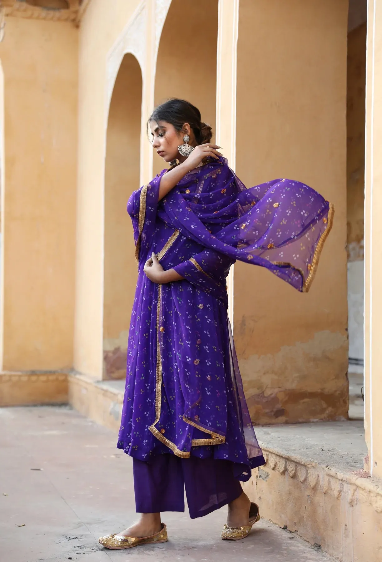 Purple Georgette Bandhej Print Kurta Palazzo Set