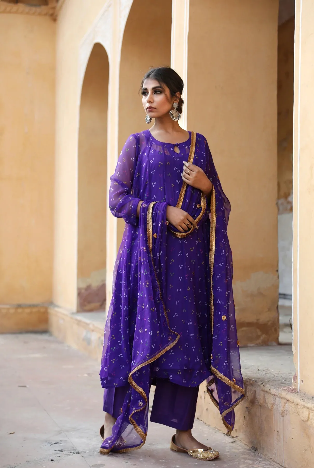 Purple Georgette Bandhej Print Kurta Palazzo Set