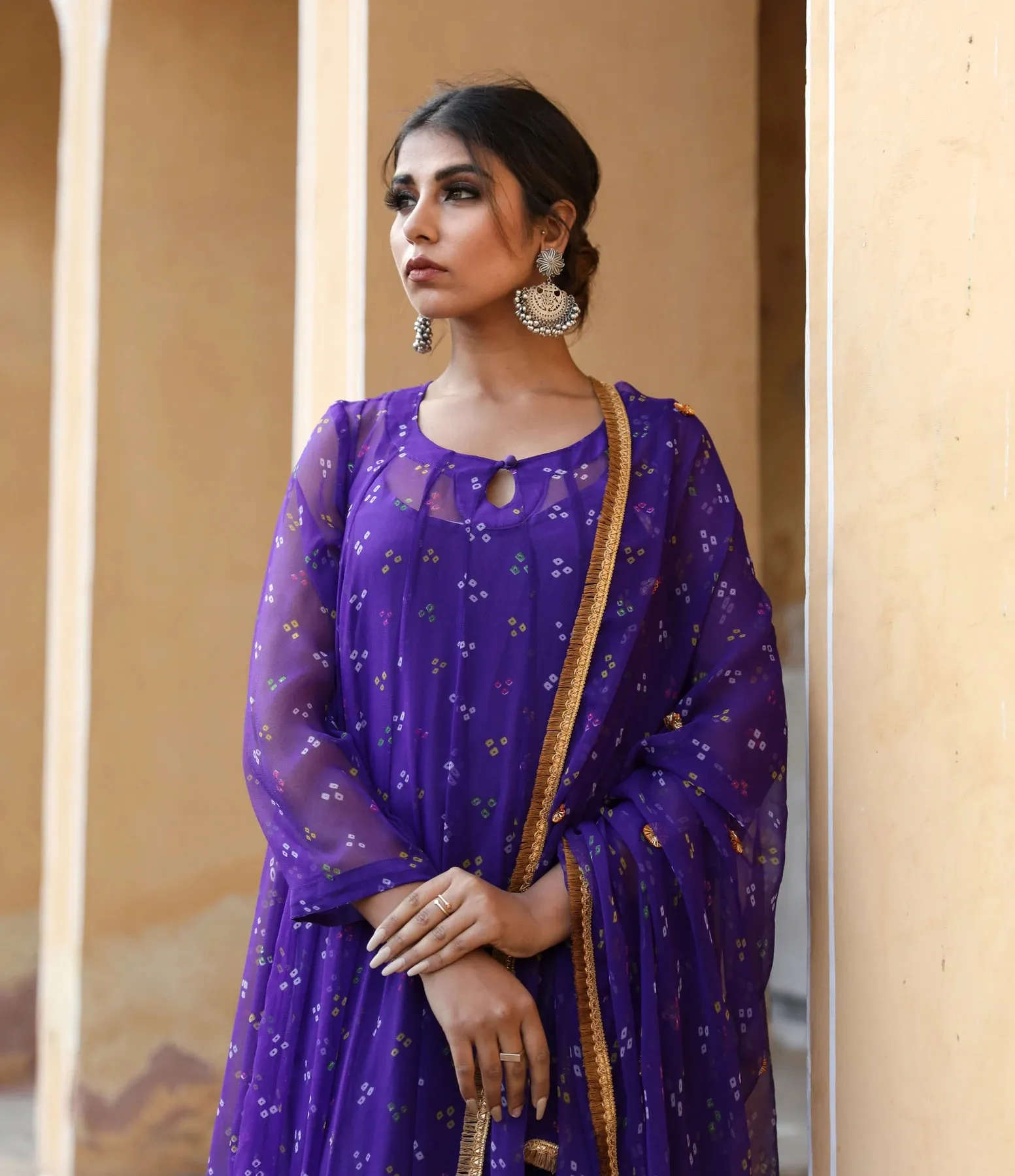 Purple Georgette Bandhej Print Kurta Palazzo Set