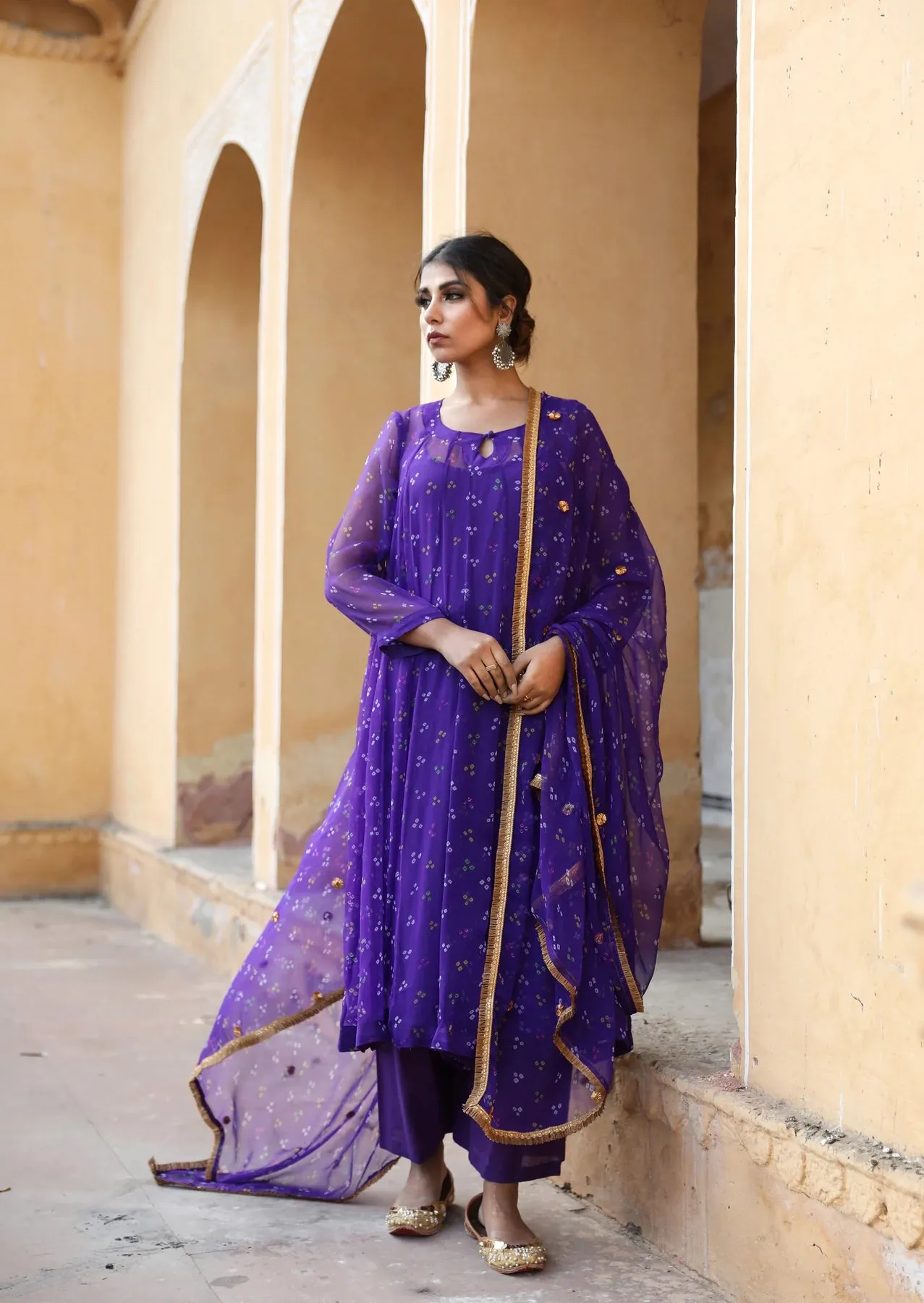 Purple Georgette Bandhej Print Kurta Palazzo Set