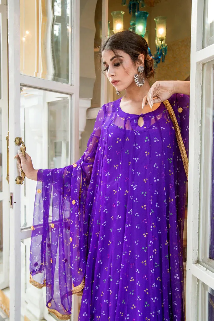 Purple Georgette Bandhej Print Kurta Palazzo Set