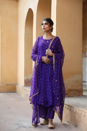 Purple Georgette Bandhej Print Kurta Palazzo Set