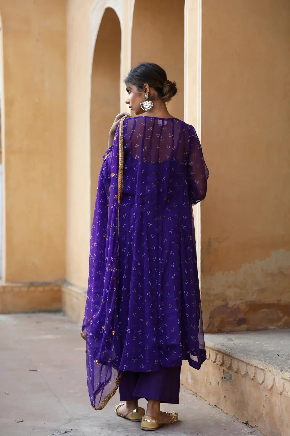 Purple Georgette Bandhej Print Kurta Palazzo Set