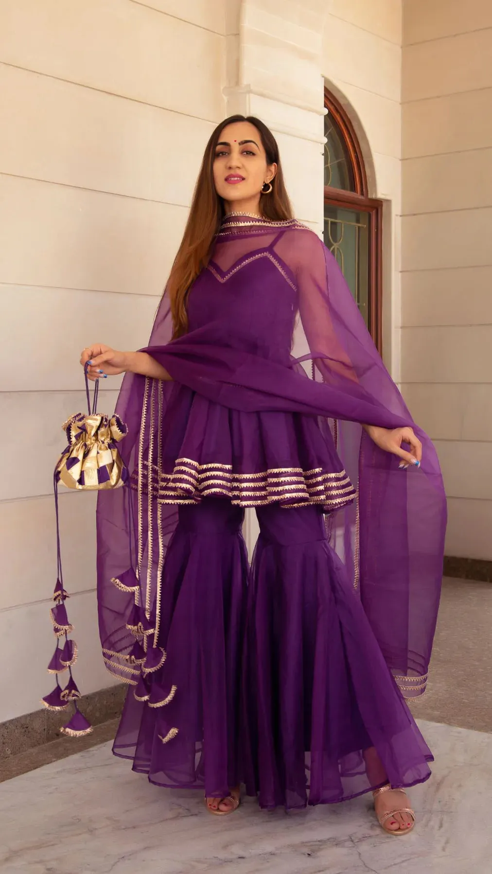 Purple Solid Organza Sharara Set with Dupatta