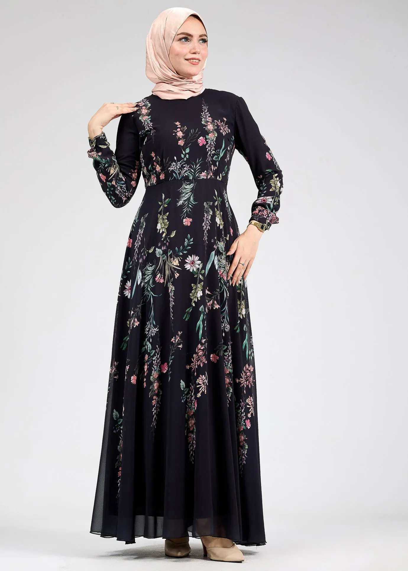 Qamar Sophia Floral Print Chiffon Long Sleeve Maxi Dress