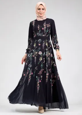 Qamar Sophia Floral Print Chiffon Long Sleeve Maxi Dress