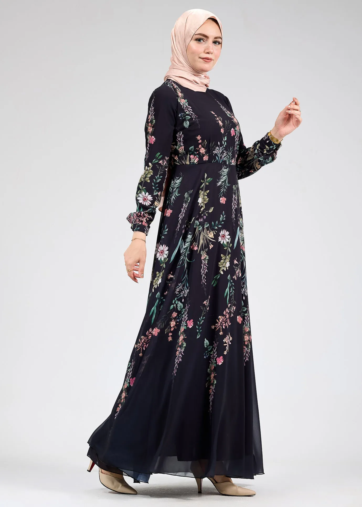 Qamar Sophia Floral Print Chiffon Long Sleeve Maxi Dress