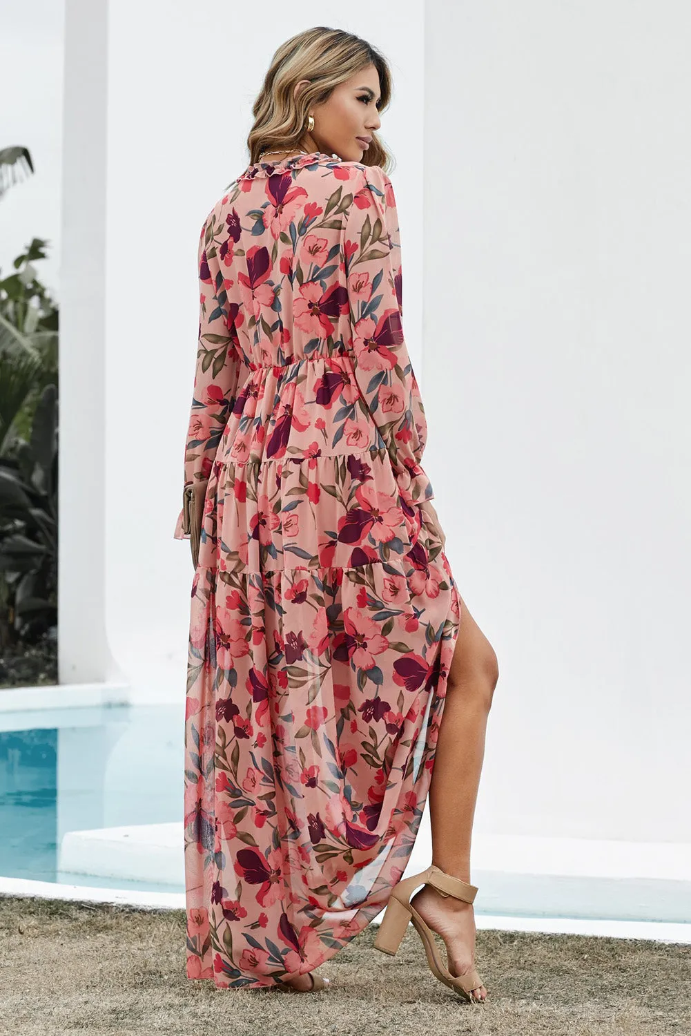 "Floral Frill" Plunge Maxi Dress