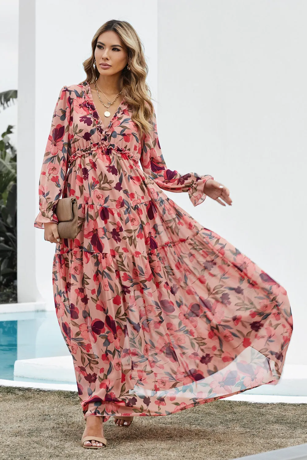 "Floral Frill" Plunge Maxi Dress