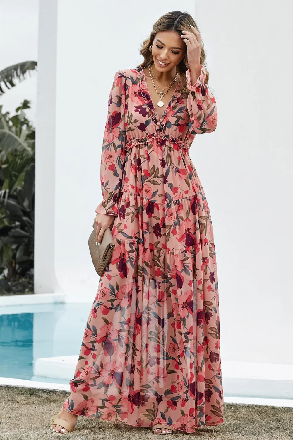 "Floral Frill" Plunge Maxi Dress