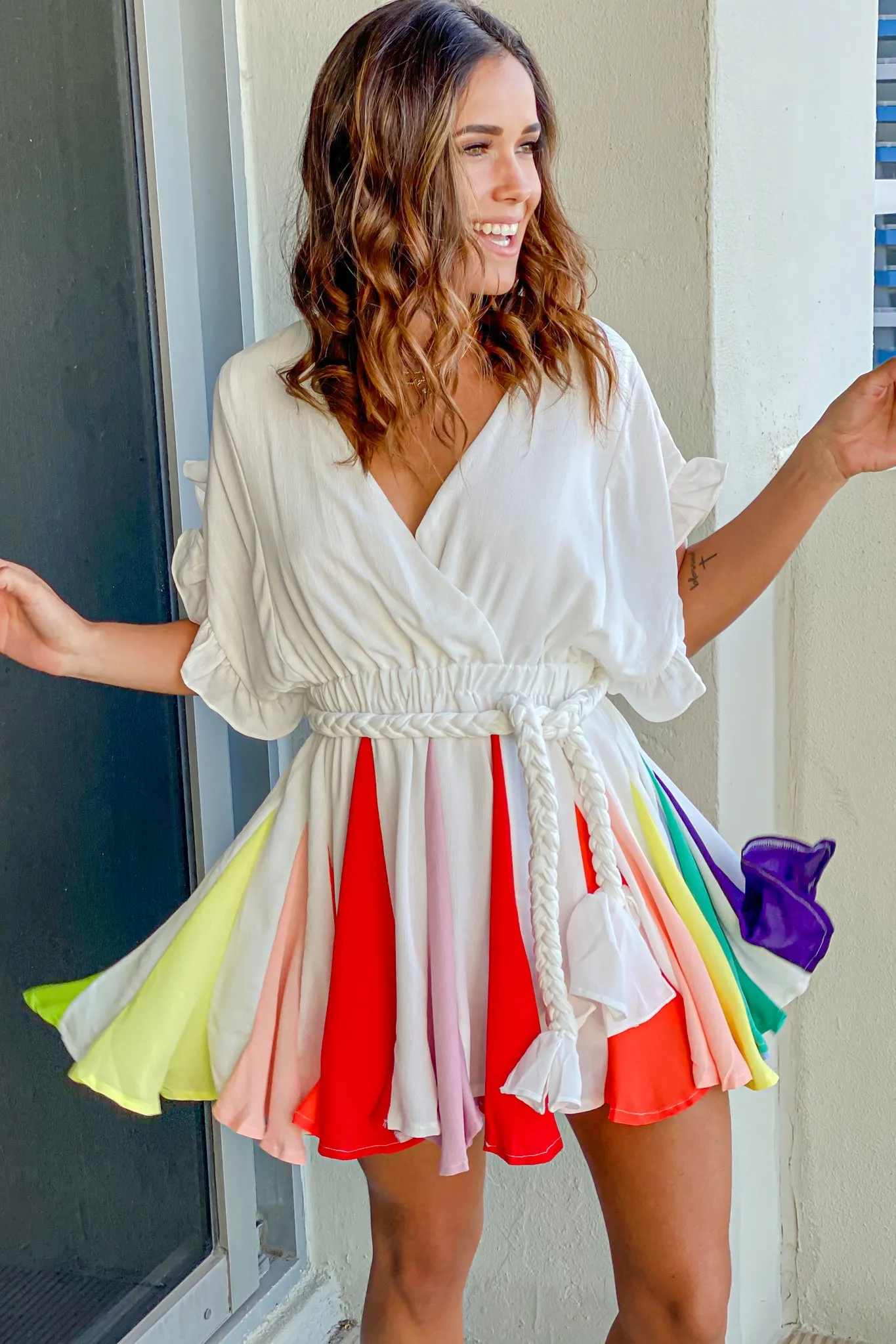 Rainbow Mini Dress With Knot Belt