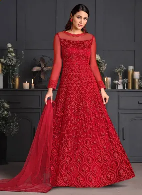 Red Floral Embroidered Indian Designer Anarkali