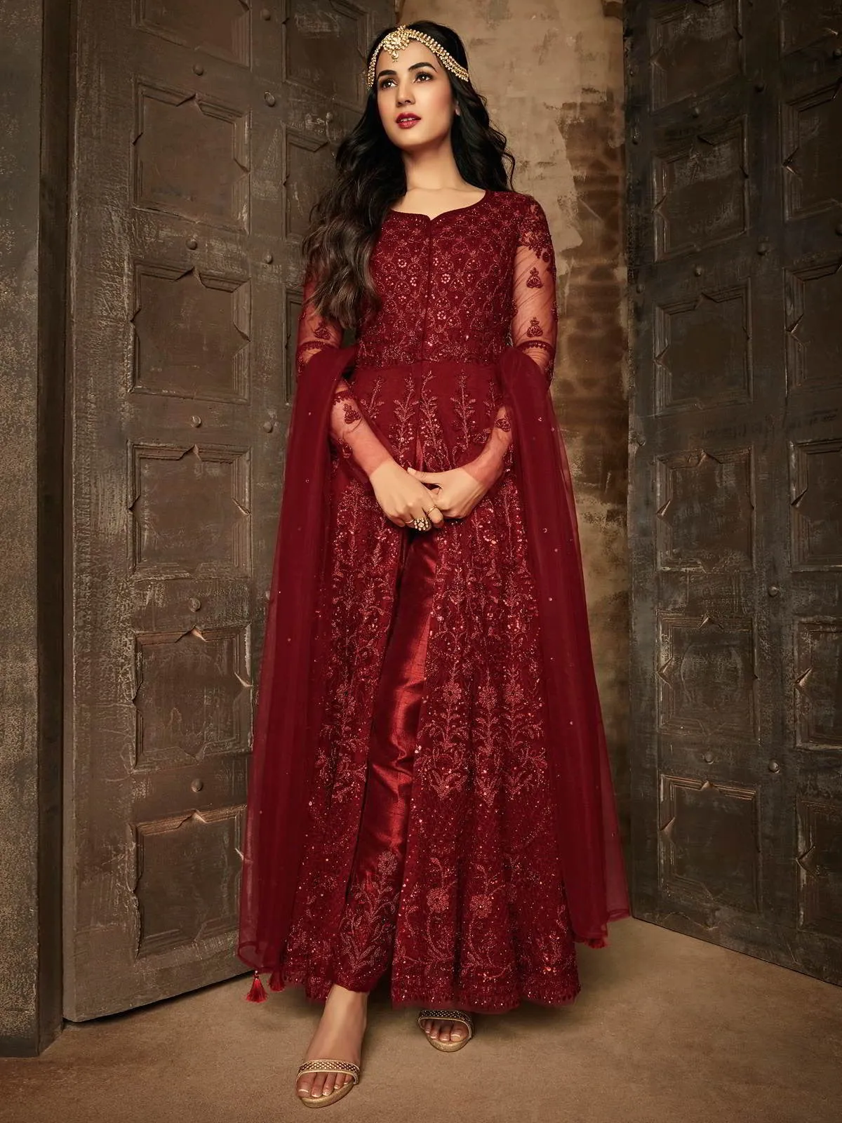 Red Mirror Embroidered Pakistani Anarkali Pant Suit