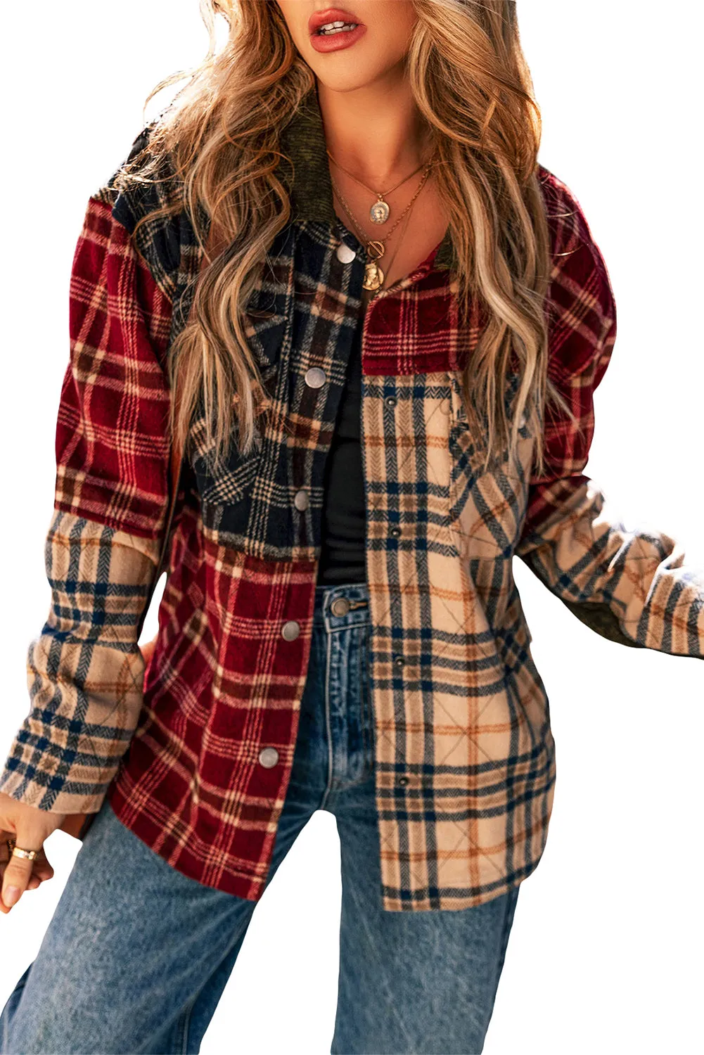 Red Mixed Plaid Pocketed Button-up Shacket