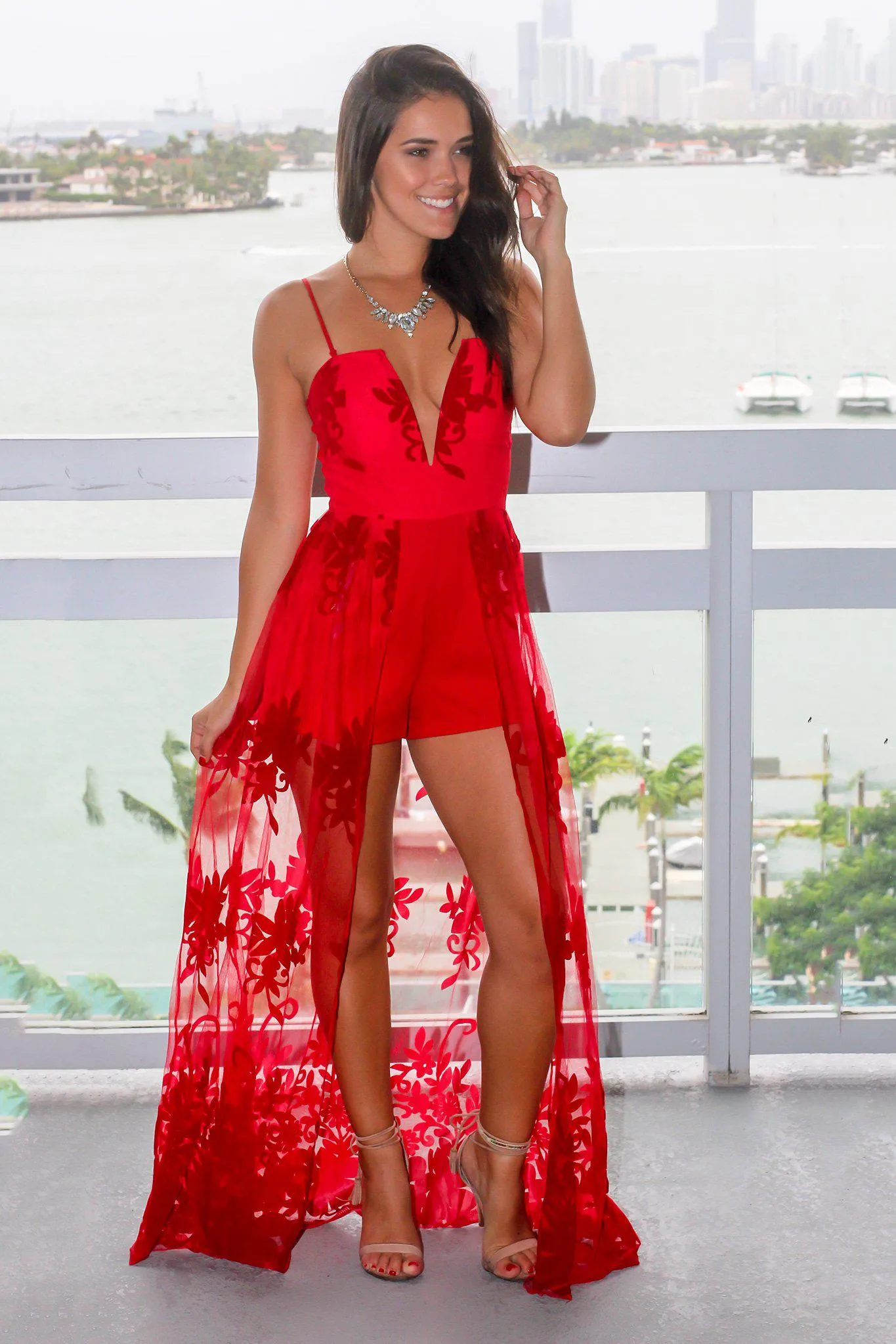 Red Printed Maxi Romper