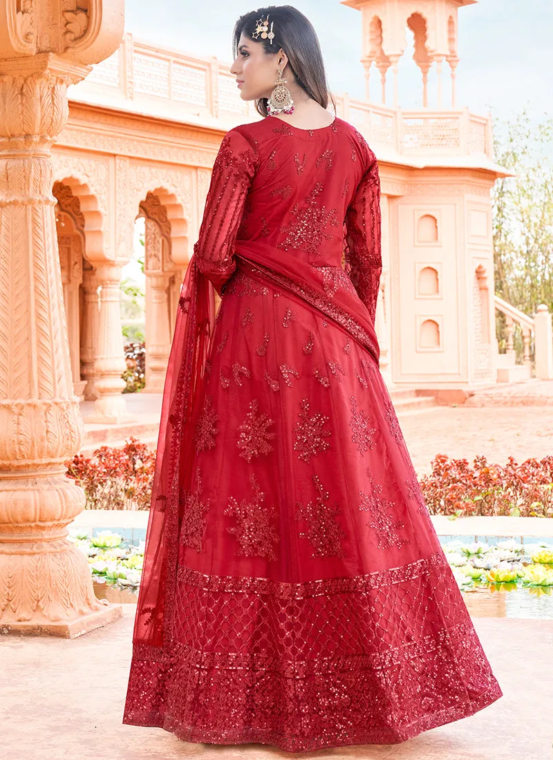 Red Sequence Embroidery Festive Anarkali Suit