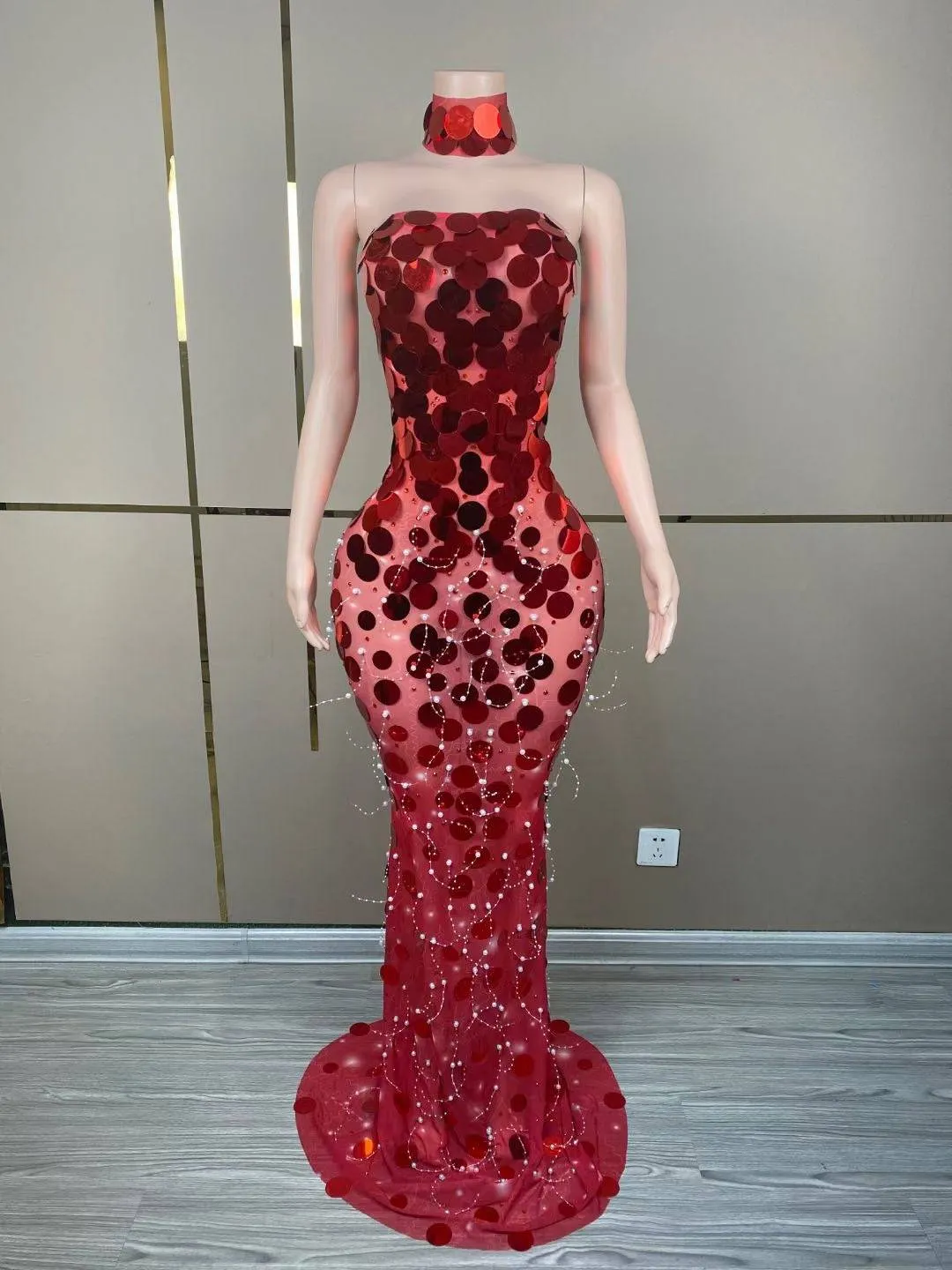 Robynn Strapless Red Sequins Transparent Maxi Dress