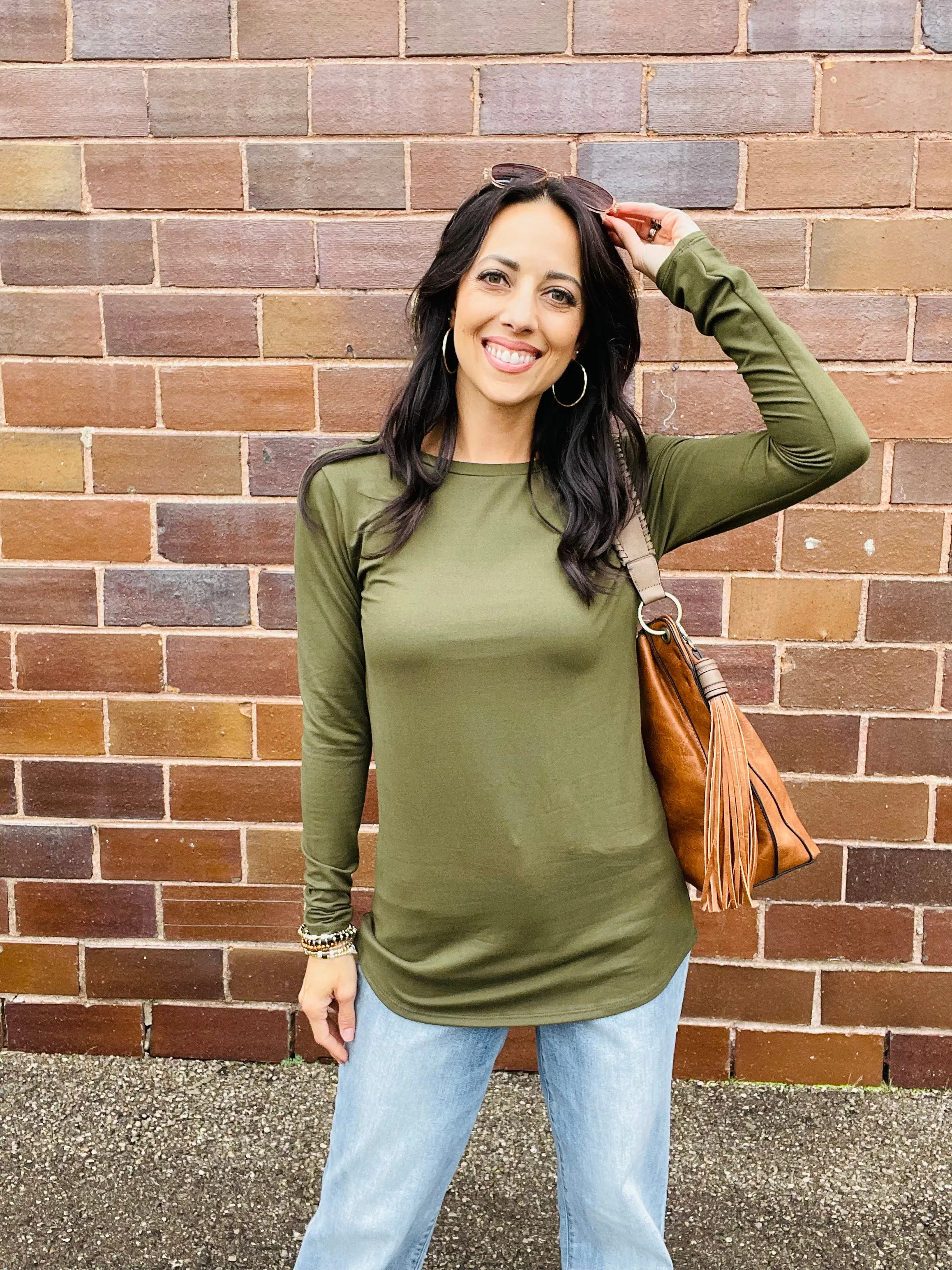 Rounded Bottom Solid Basic Long Sleeve Top - Assorted Colors