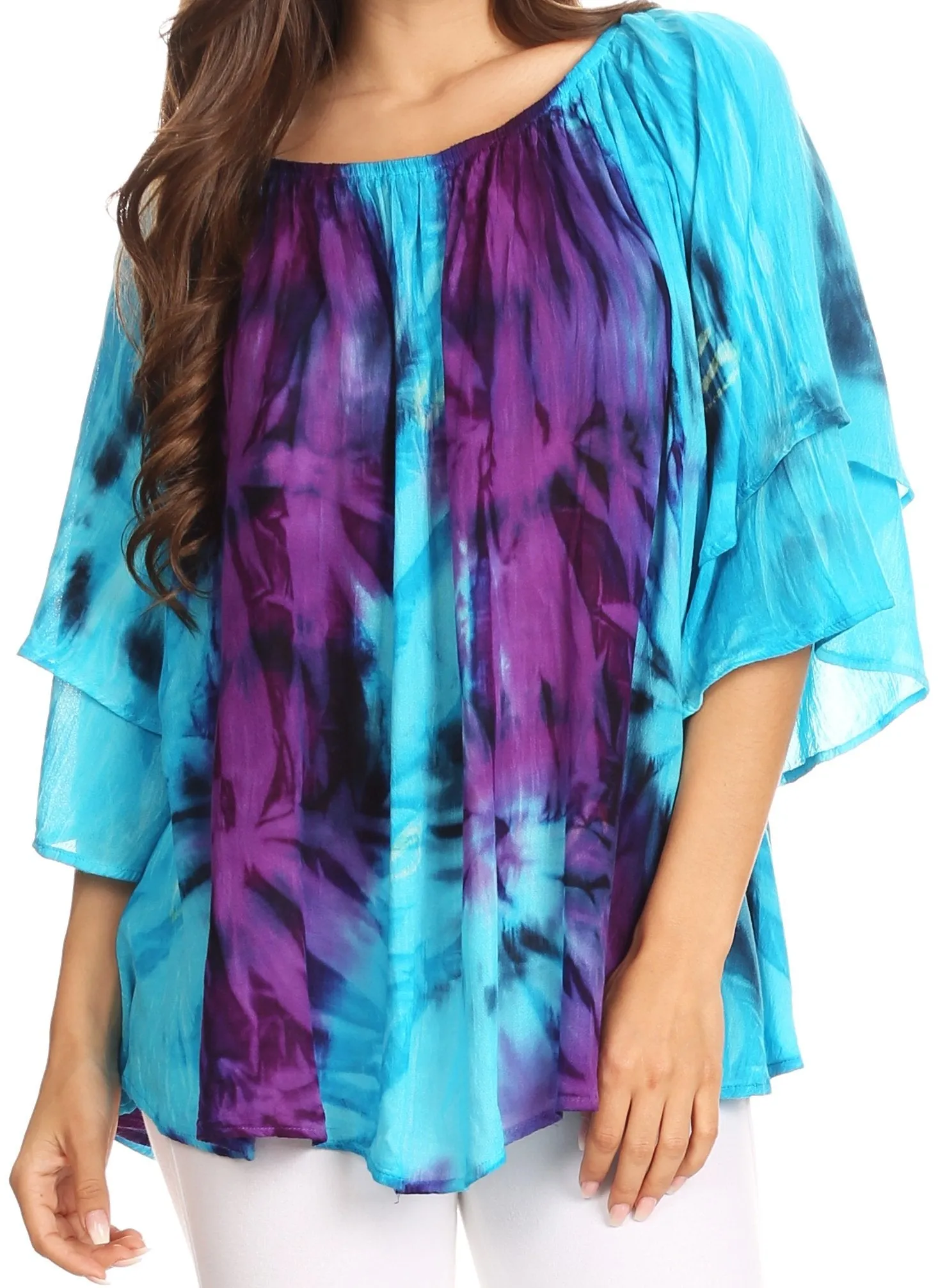 Sakkas Alania Watercolor Tie Dye Double Bell Sleeve Raglan Blouse