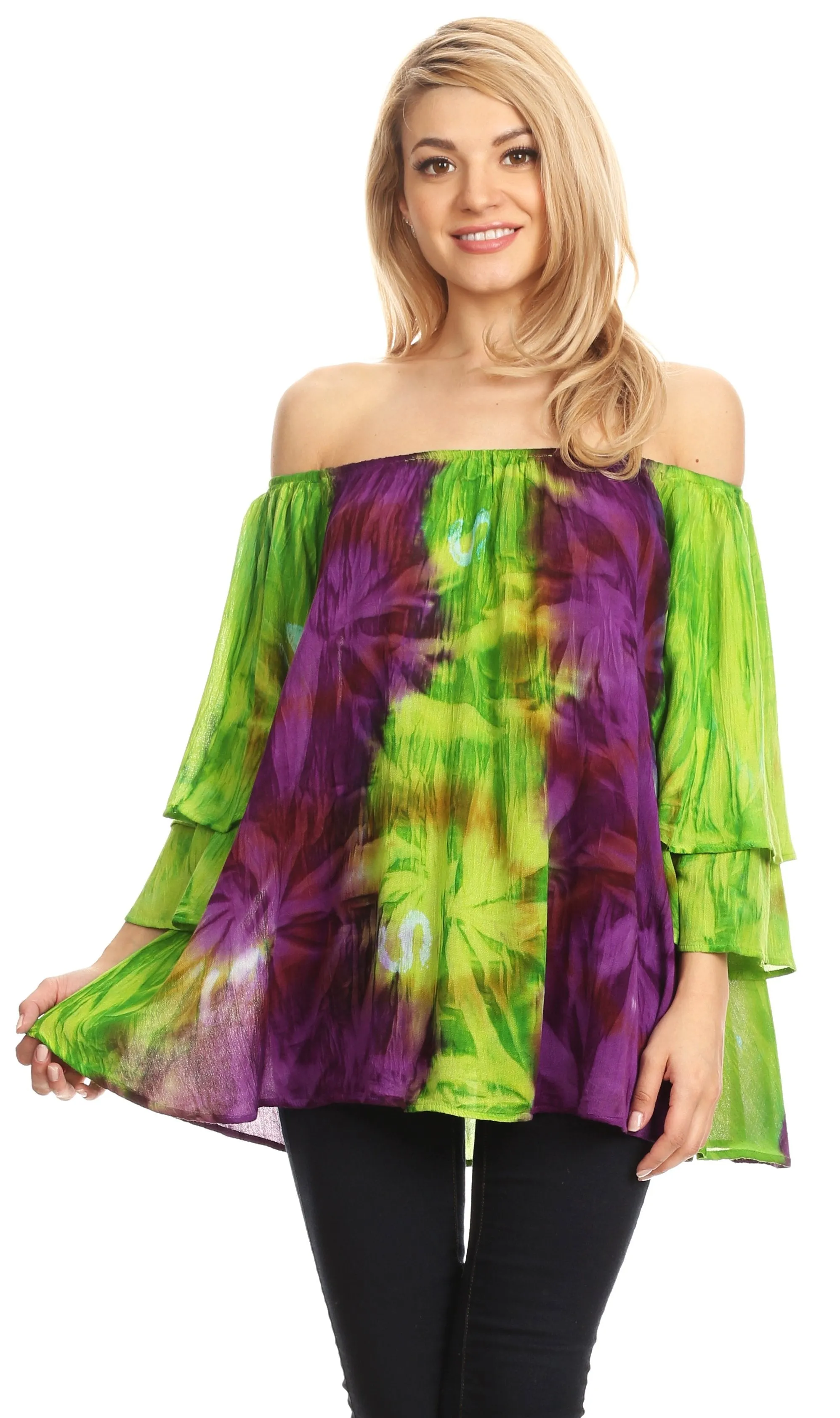 Sakkas Alania Watercolor Tie Dye Double Bell Sleeve Raglan Blouse