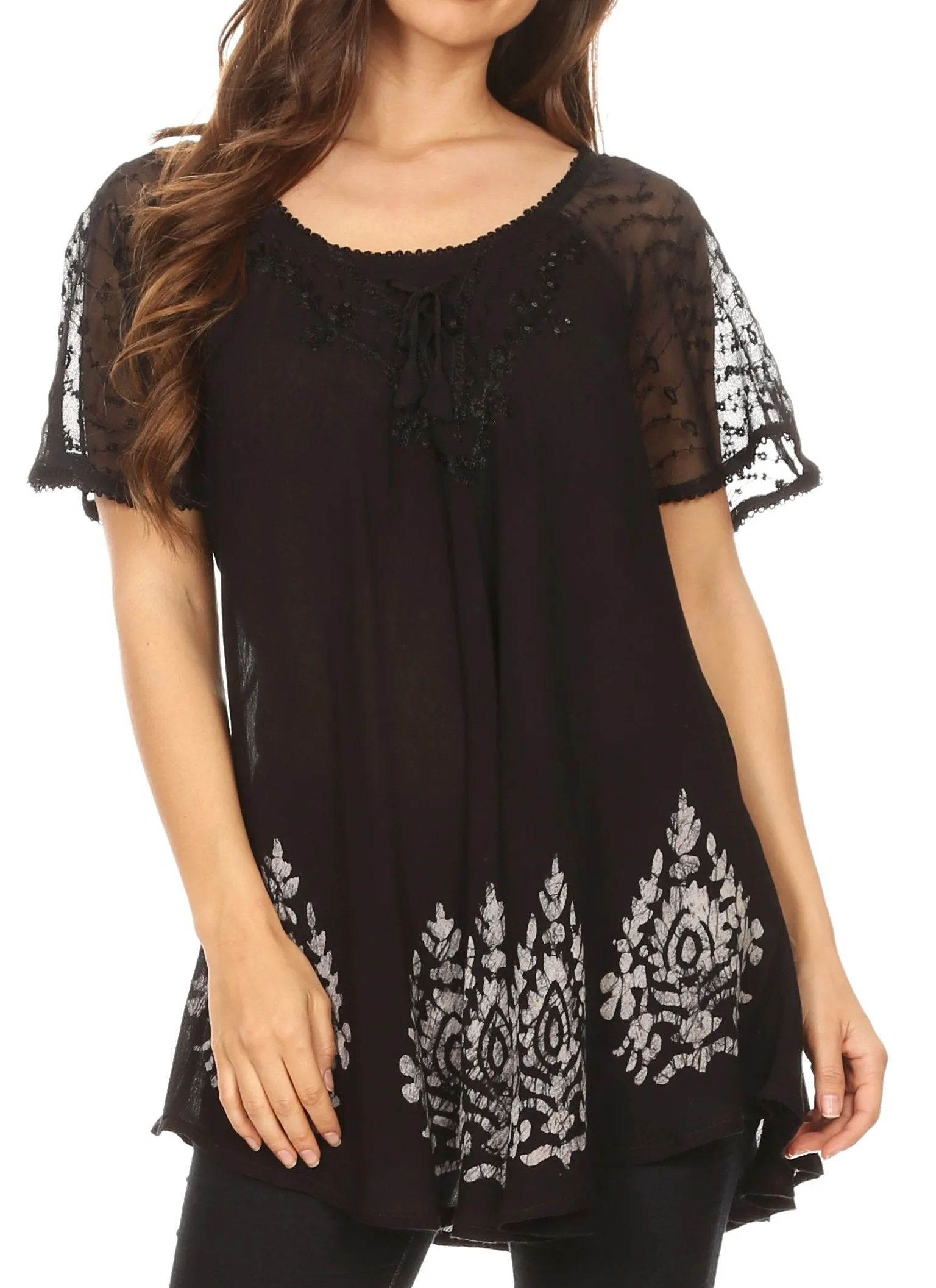 Sakkas Alberta Womens Short Sleeve Corset Blouse Top with Batik and Lace Sleeves