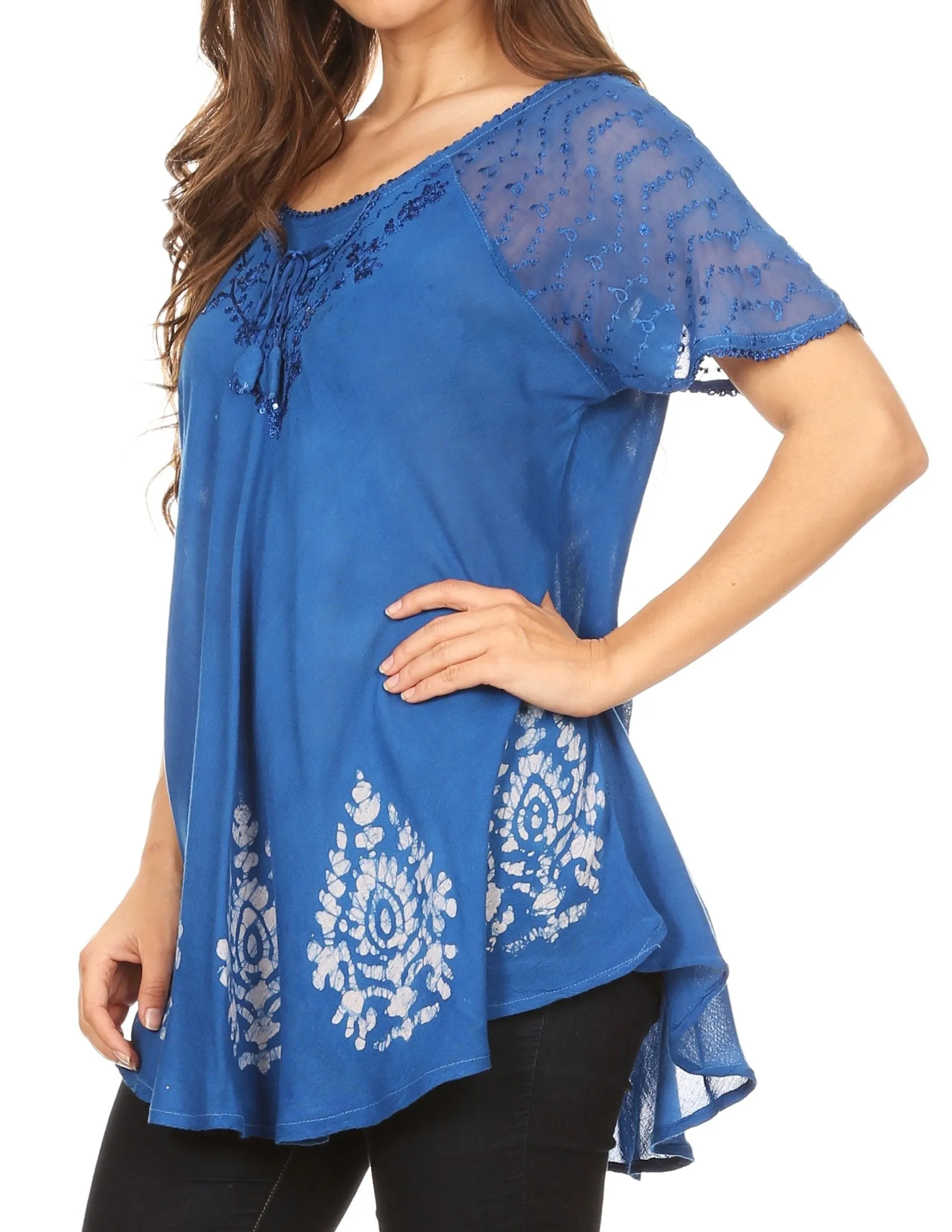 Sakkas Alberta Womens Short Sleeve Corset Blouse Top with Batik and Lace Sleeves