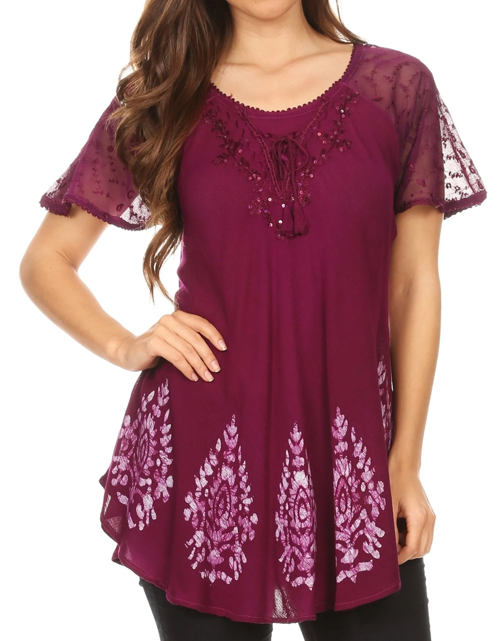 Sakkas Alberta Womens Short Sleeve Corset Blouse Top with Batik and Lace Sleeves