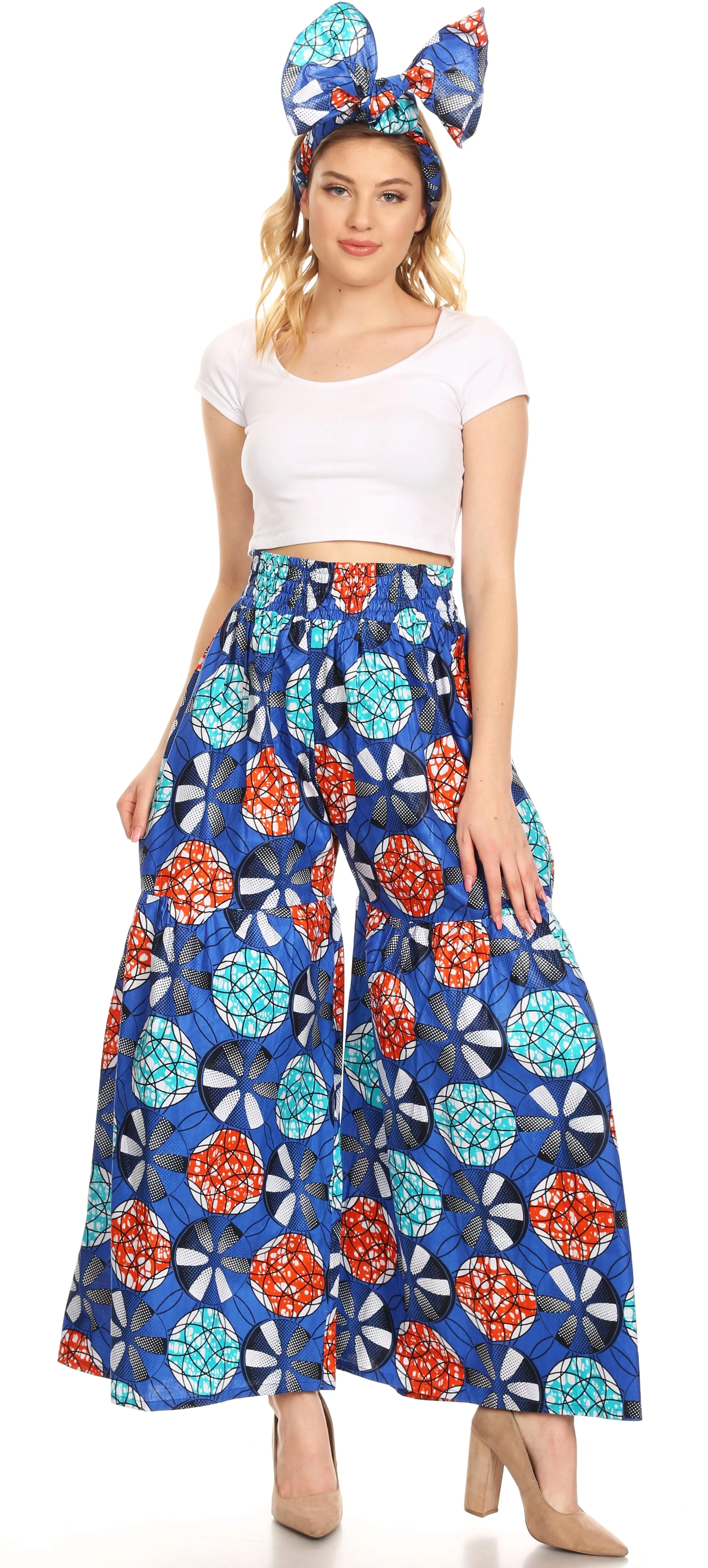 Sakkas Esme Women's African Ankara Flared Wide Leg Palazzo Pants with Pockets