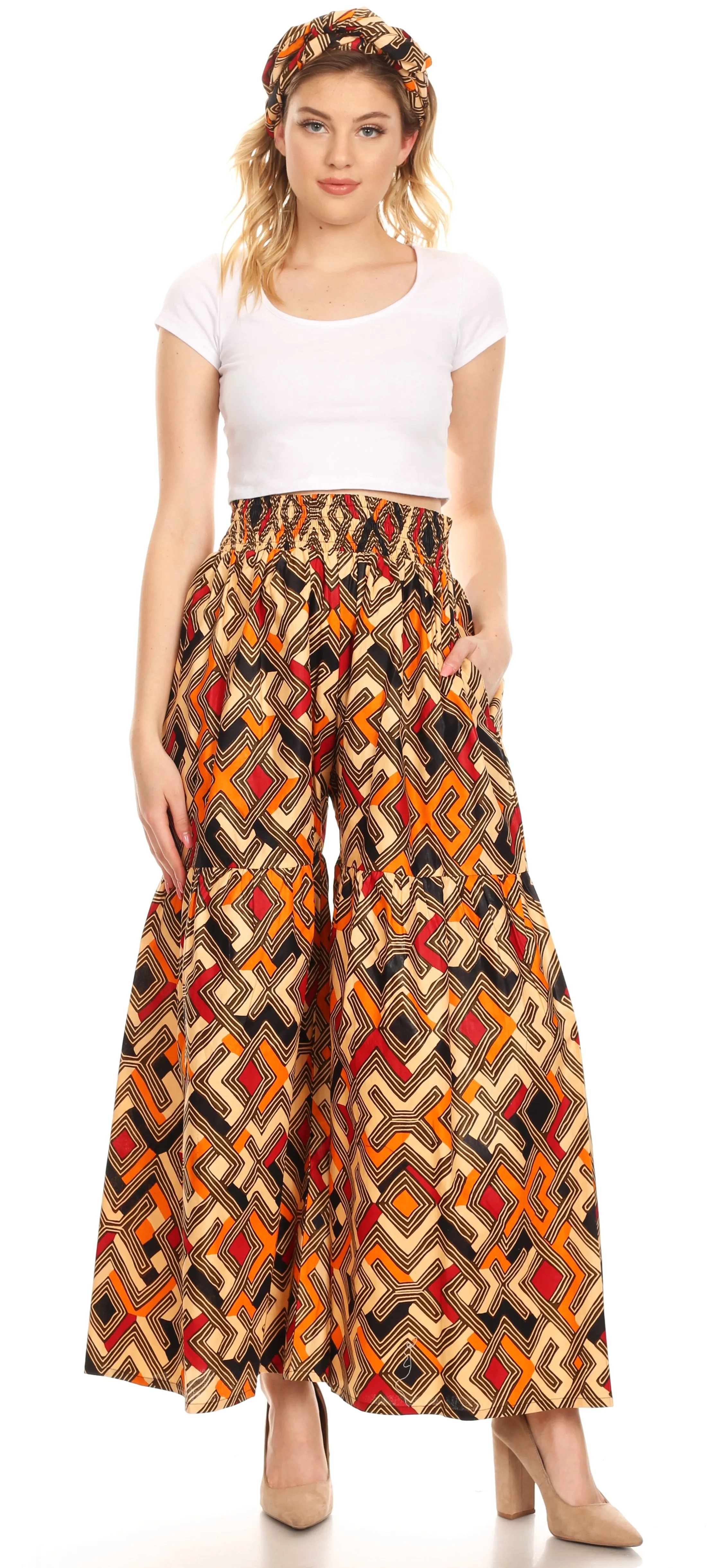 Sakkas Esme Women's African Ankara Flared Wide Leg Palazzo Pants with Pockets