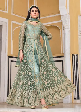 Sea Green Embroidered Designer Anarkali Lehenga/Pant Suit