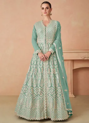 Sea Green Foil Mirror Slit Style Anarkali Lehenga Suit